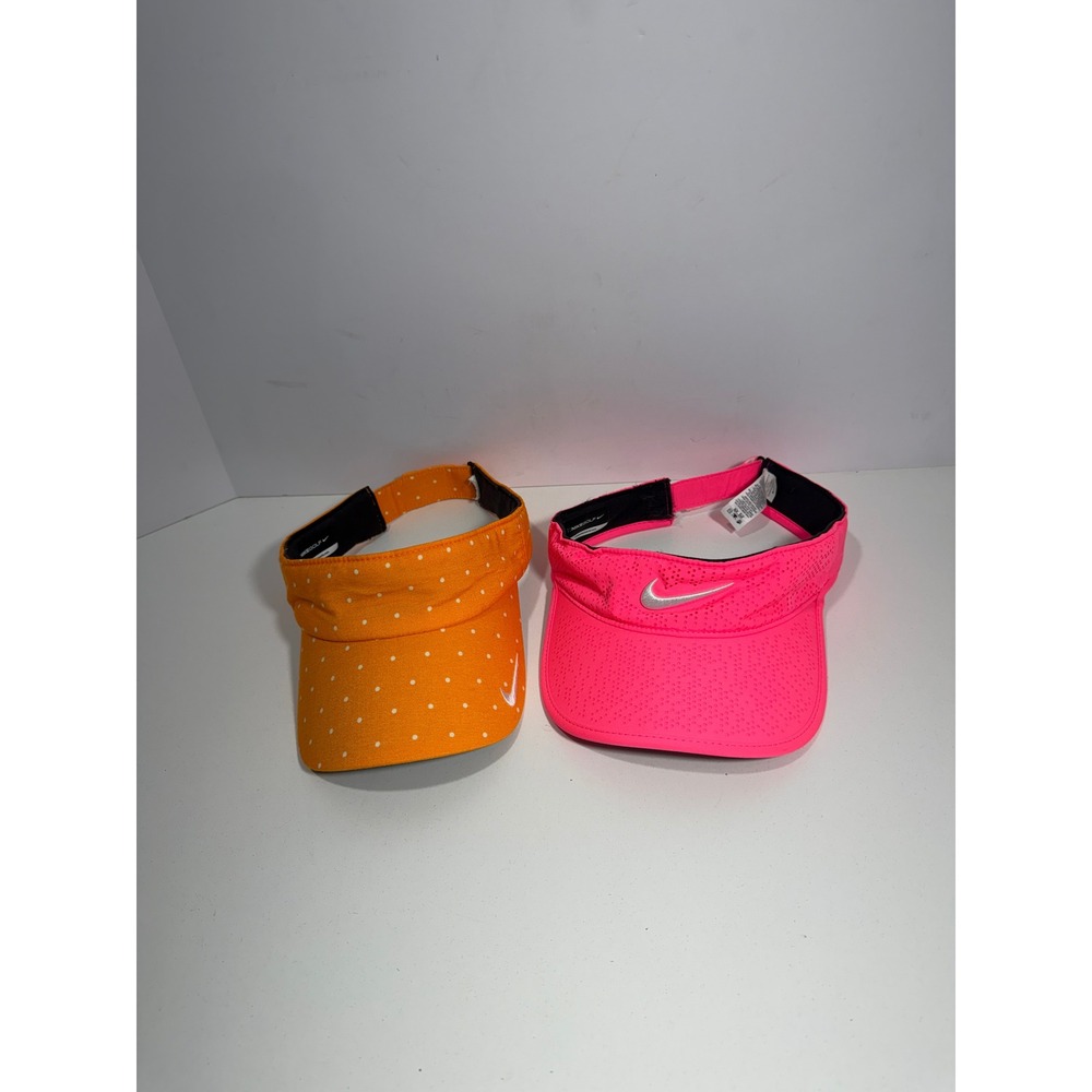 Nike Golf Visors Lot of 2 Pink Perforated Orange Polka Dot Dri-FIT Adjustable
